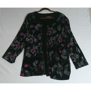 Christina Hope Womens 2X Cardigan Black Floral Open Front Ring Detail Top Chic